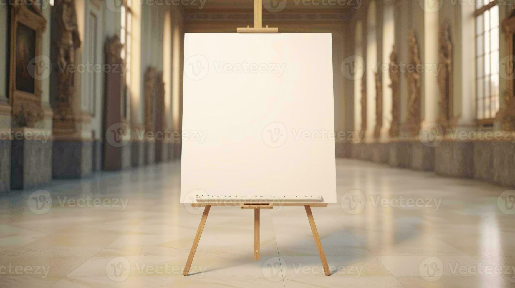 a white board on a stand in a room with art on the walls AI Generated photo
