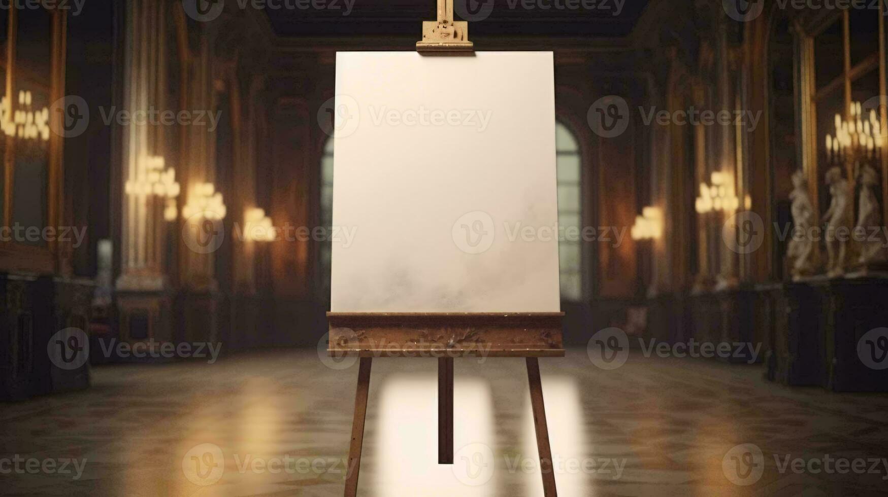 a white box on a stand in a room with statues AI Generated photo