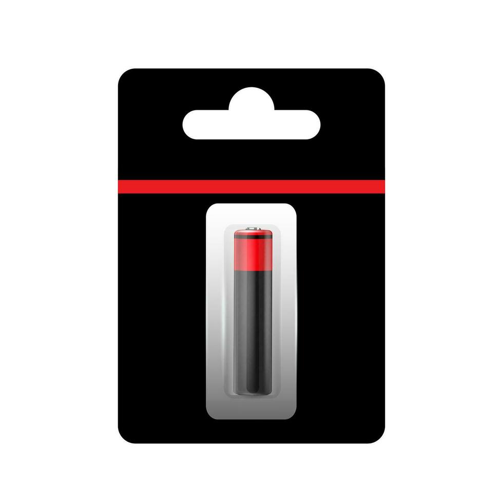 Alkaline Battery in Paper Blister and Battery Icon Set Closeup Isolated. AA Size. Design Template for Branding, Mockup. vector