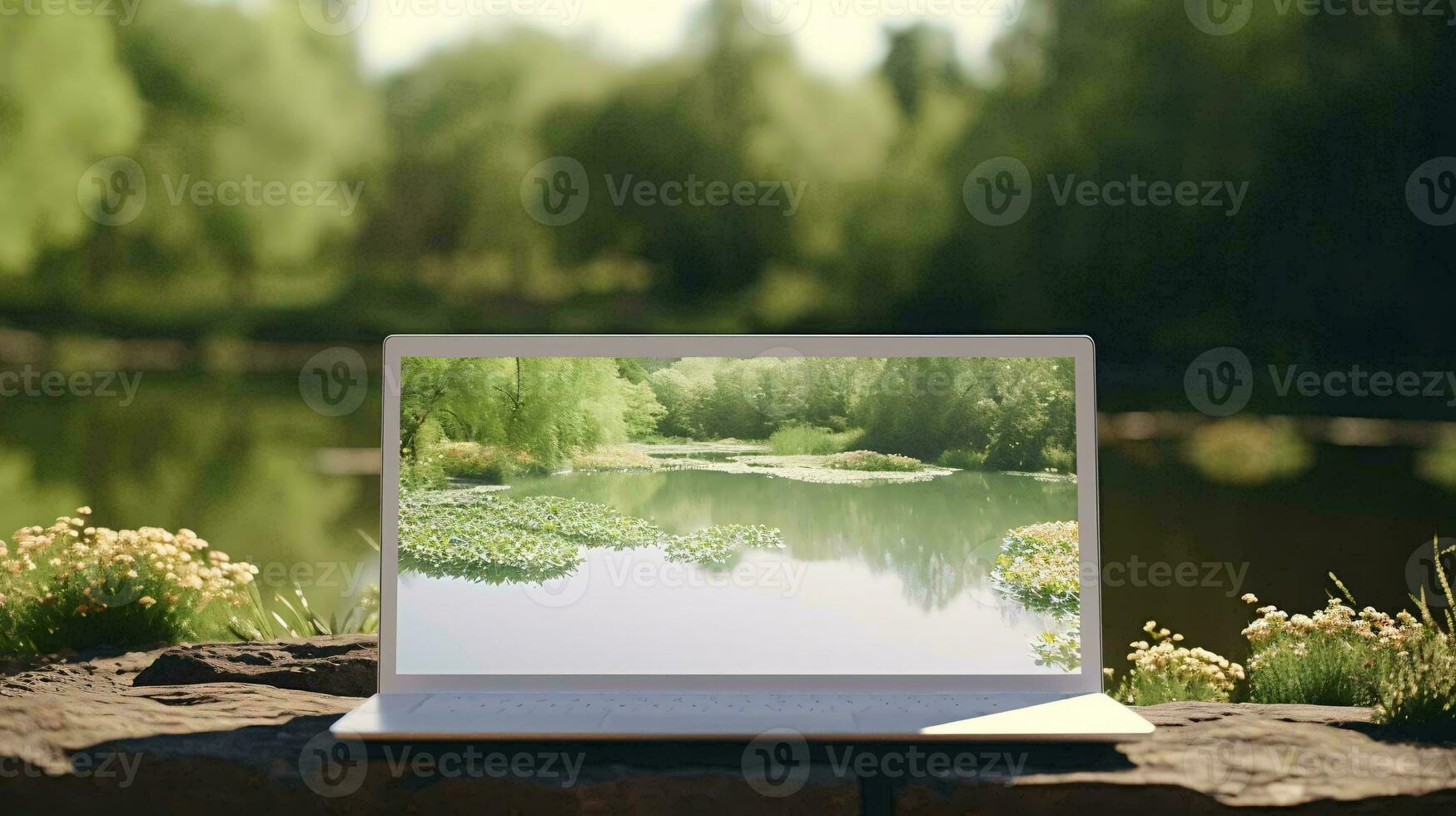 un rectangular blanco objeto con un verde pantalla en frente de un verde campo ai generado foto