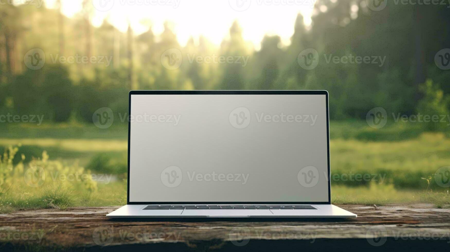 a laptop on a wood surface AI Generated photo