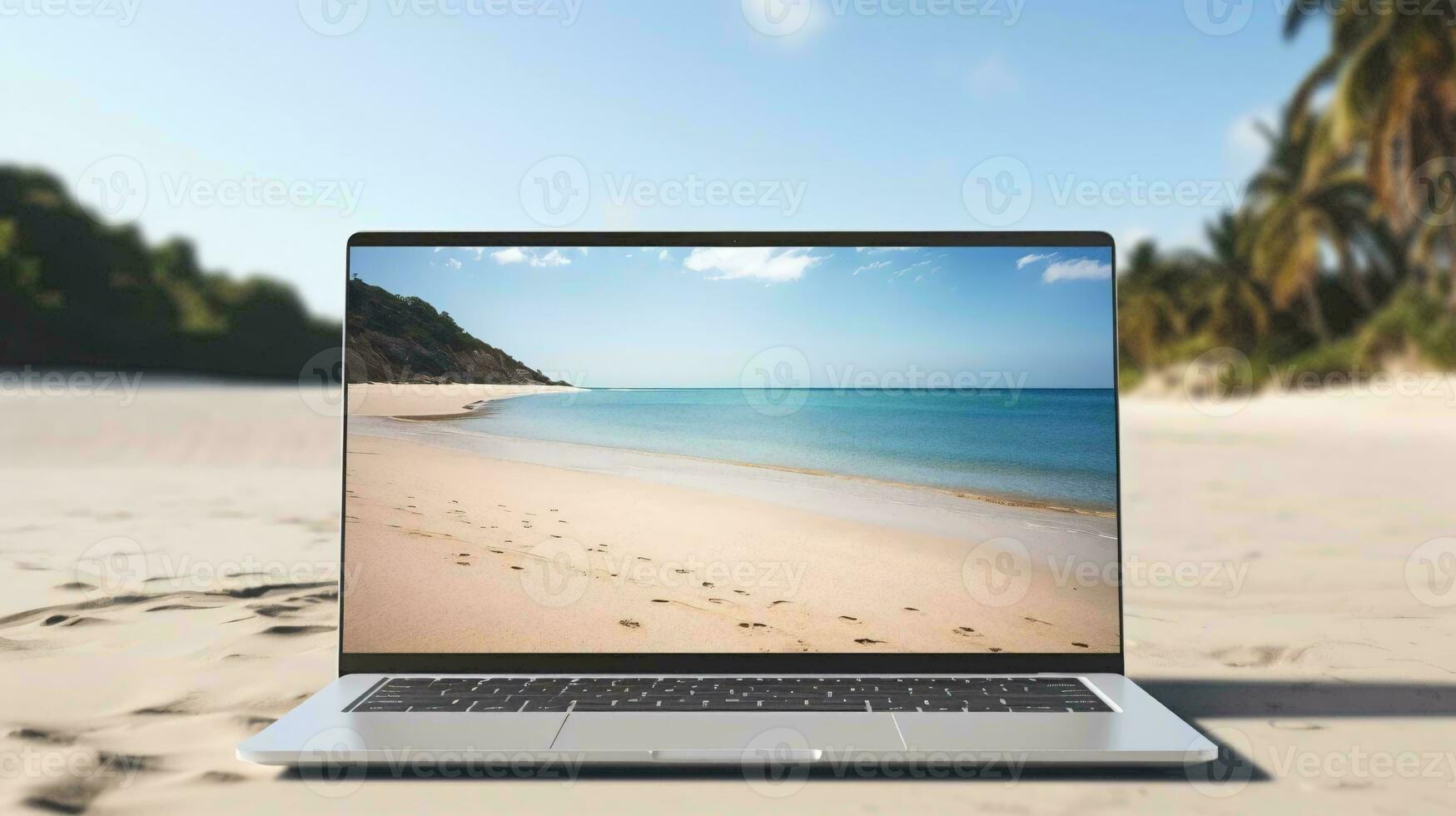 a laptop on a beach AI Generated 34072998 Stock Photo at Vecteezy