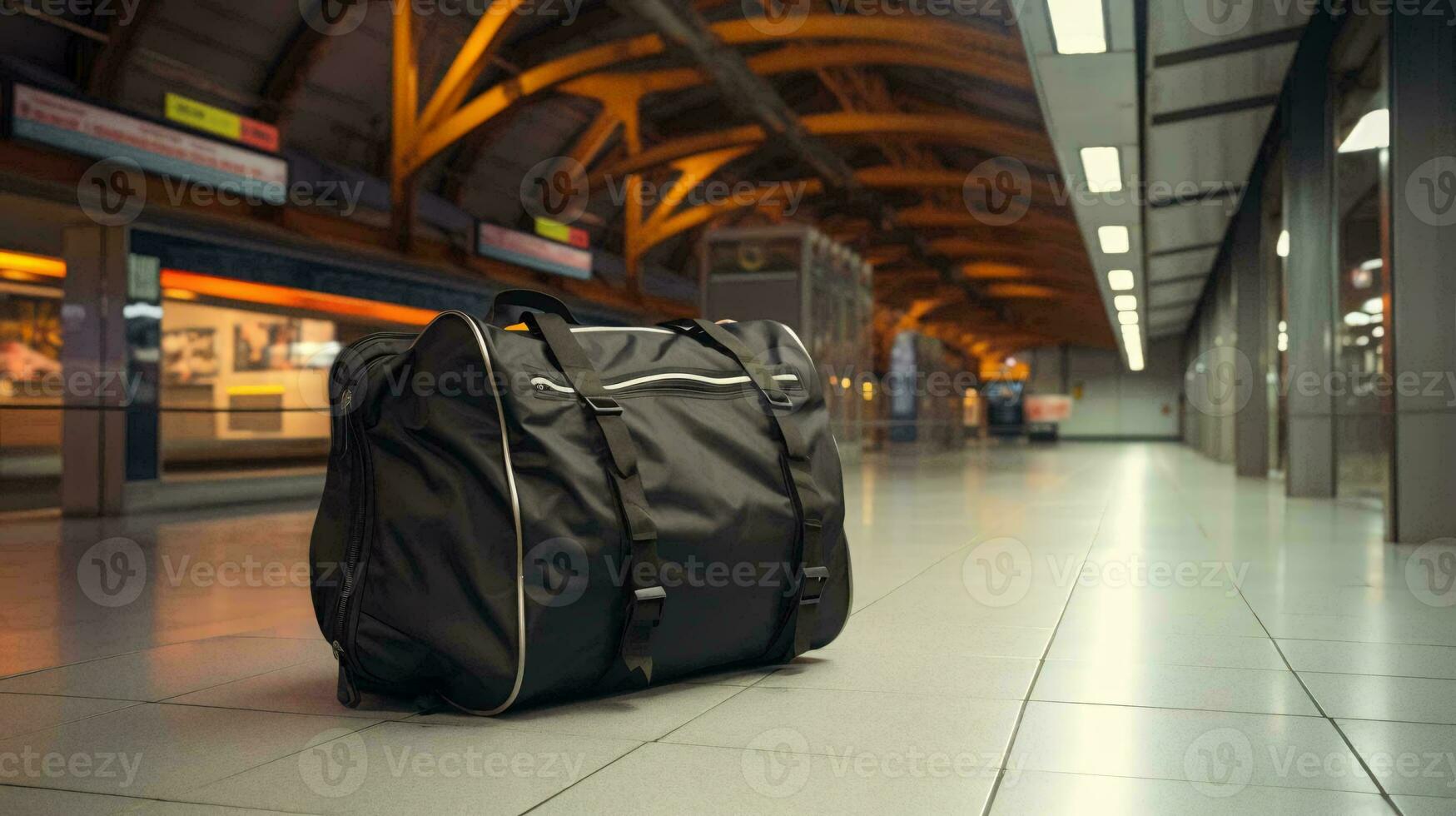 a luggage bag in a train station AI Generated photo