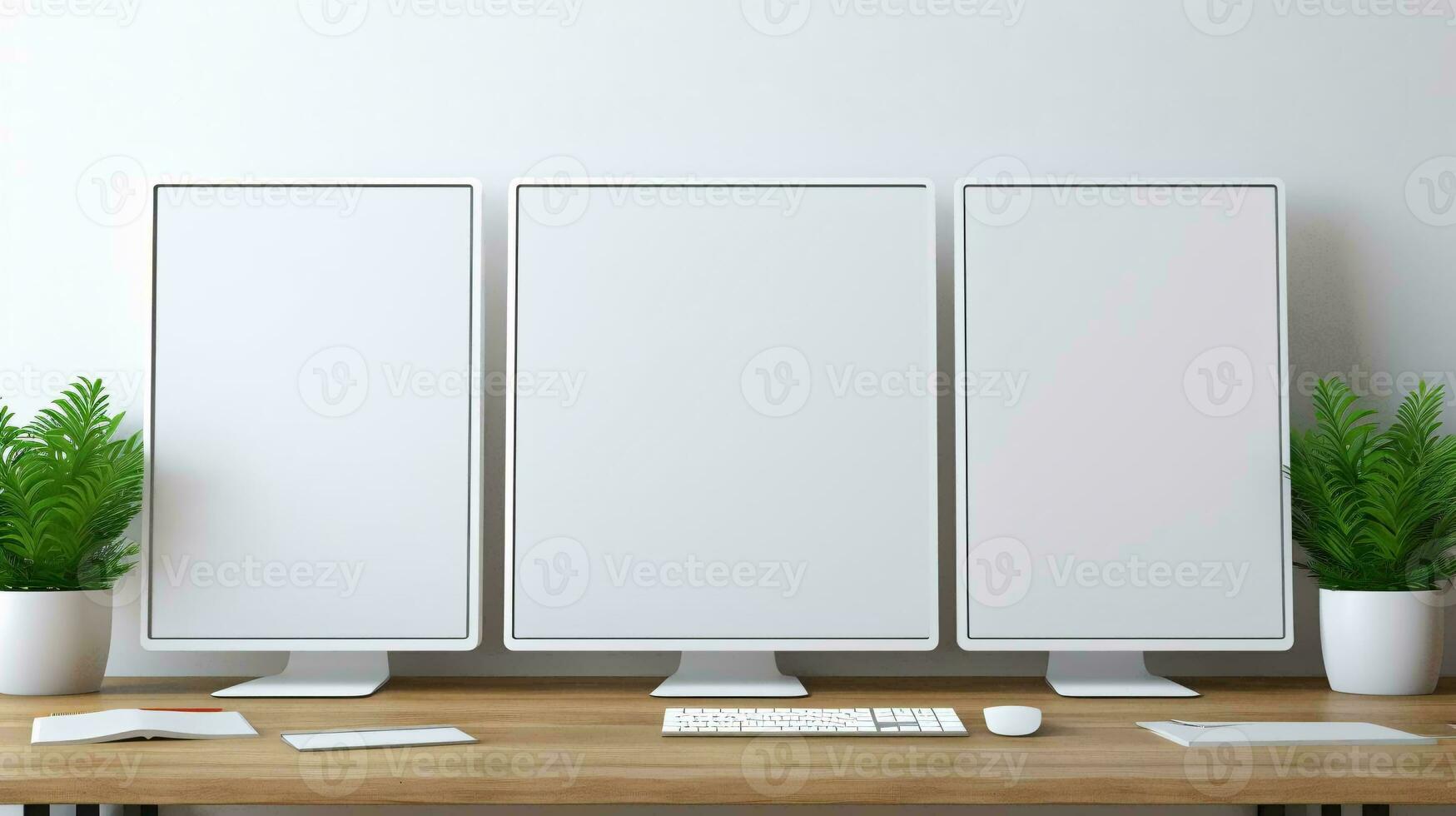 a few computer monitors on a desk AI Generated photo