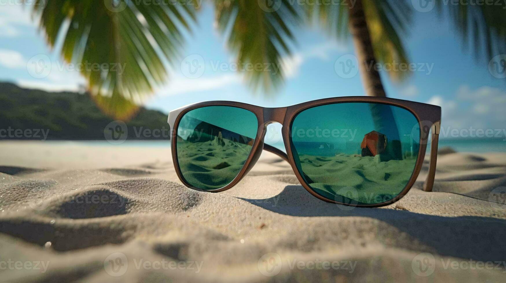 a pair of sunglasses on a beach AI Generated photo