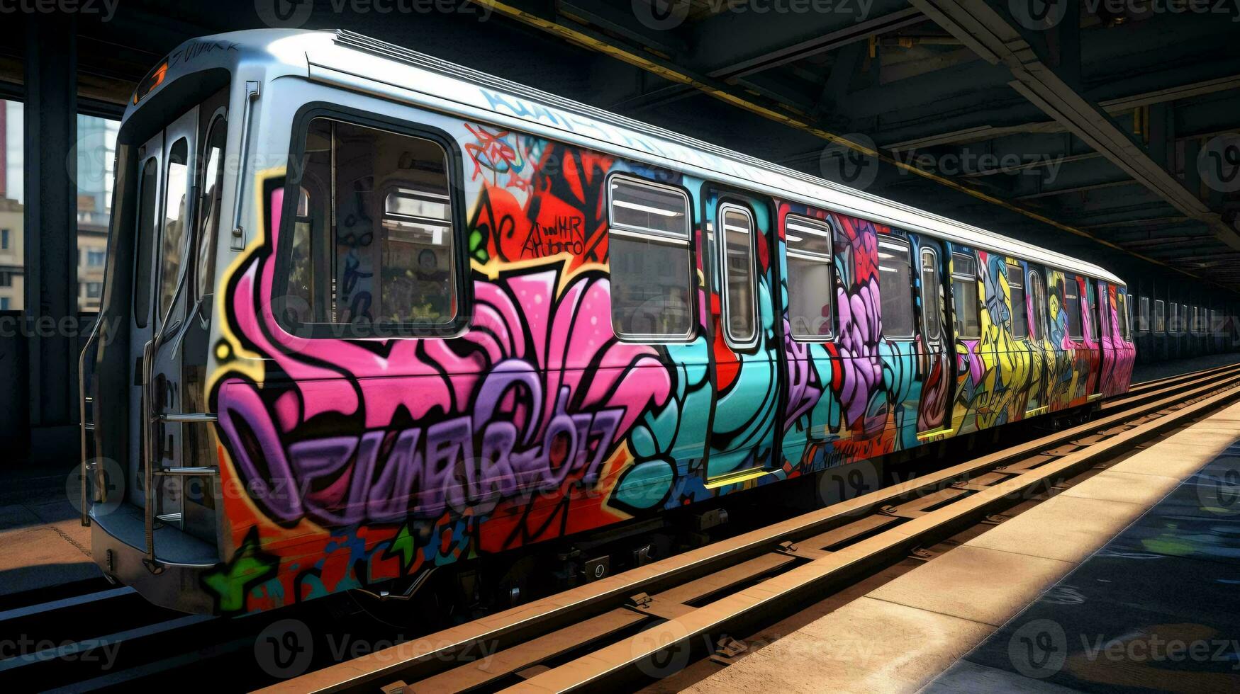 a train with graffiti on it AI Generated photo