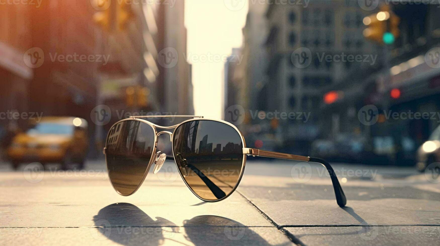 a pair of glasses on a street AI Generated photo