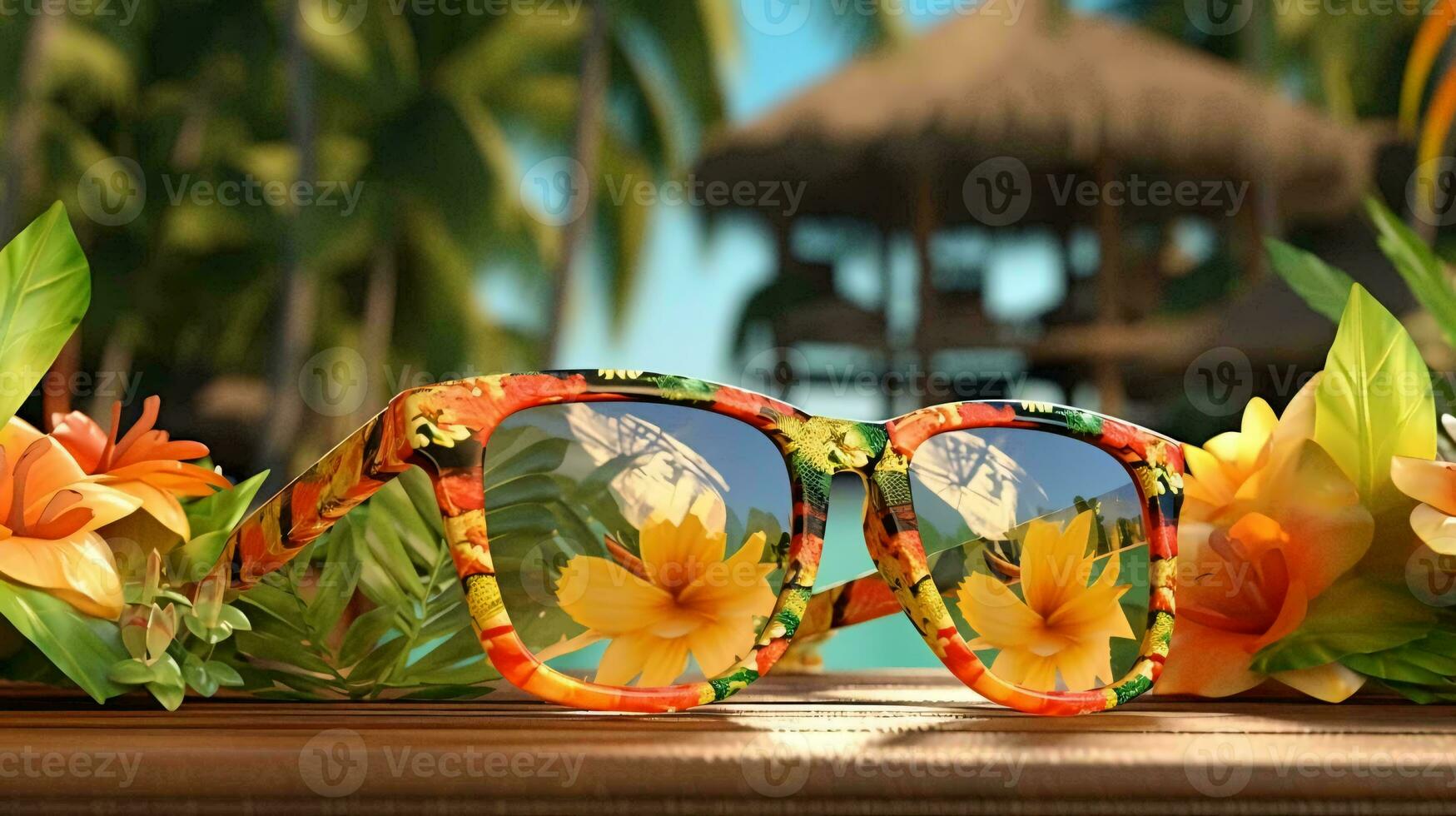 a pair of sunglasses on a table AI Generated photo