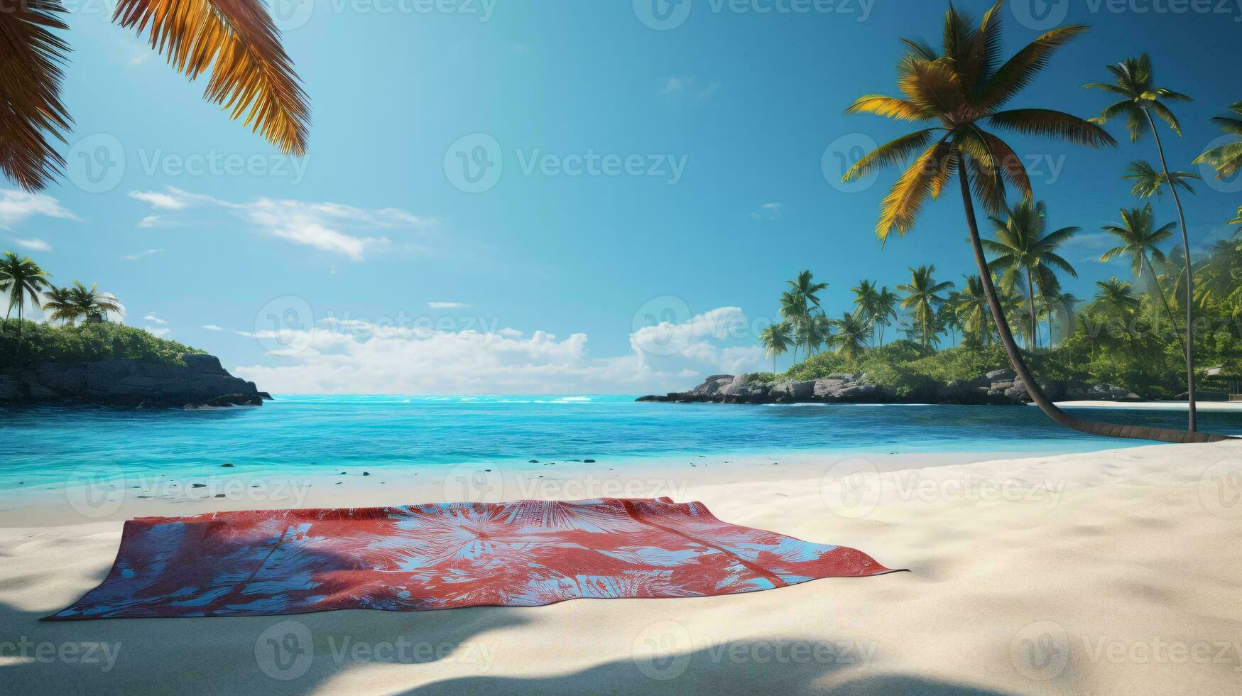 a beach with palm trees and blue water AI Generated photo