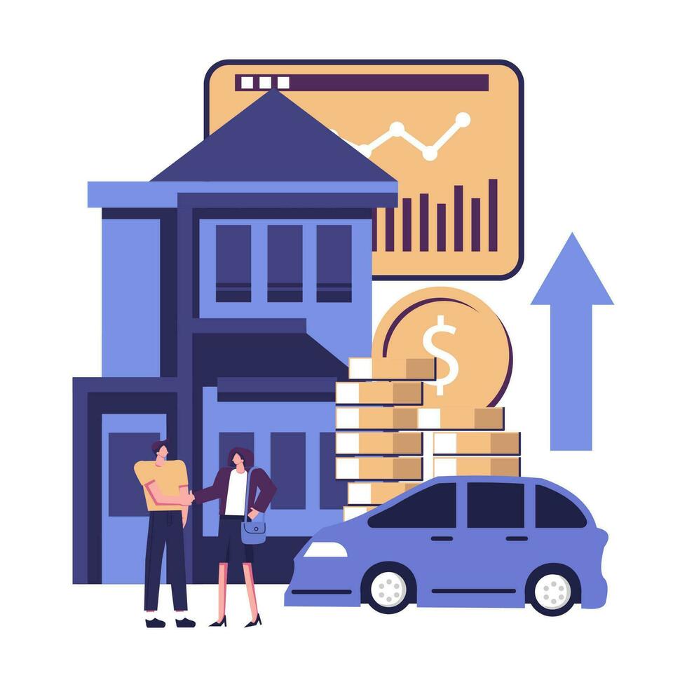 invertir dinero en casa y comprando un deporte coche plano estilo ilustración vector