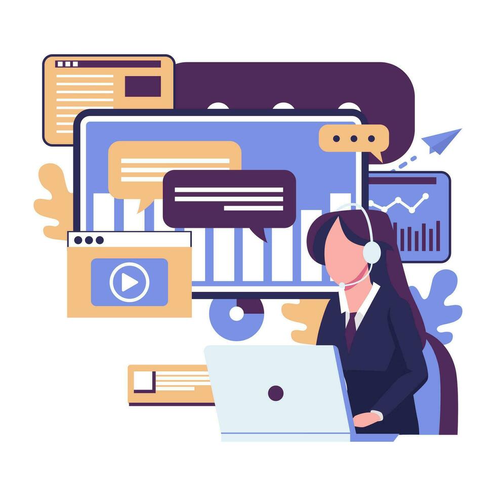 online customer services. online global technical support. customer service agent. vector flat illustration