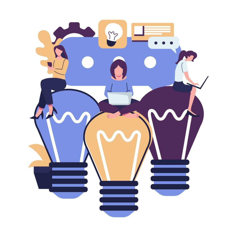 little people are sitting on light bulbs in search of ideas flat style illustration vector design