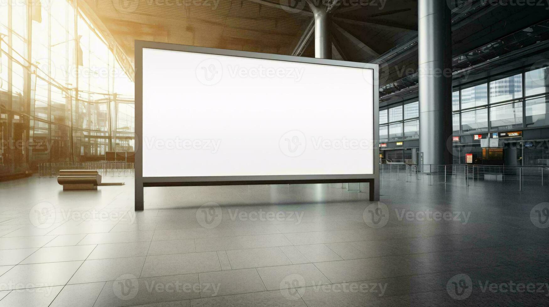 a large white screen in a large room with benches AI Generated photo
