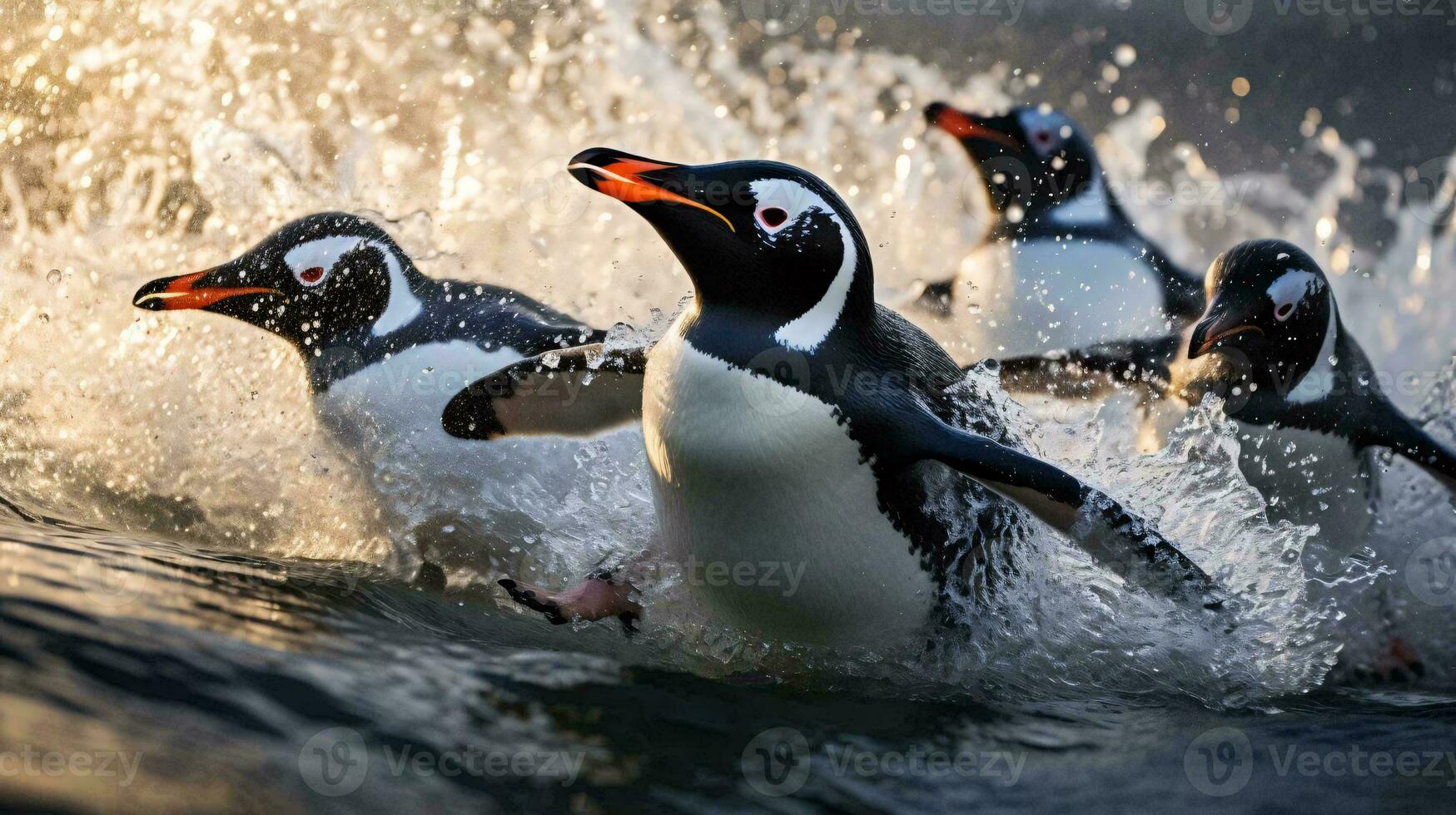 un grupo de pingüinos nadando en agua ai generado foto