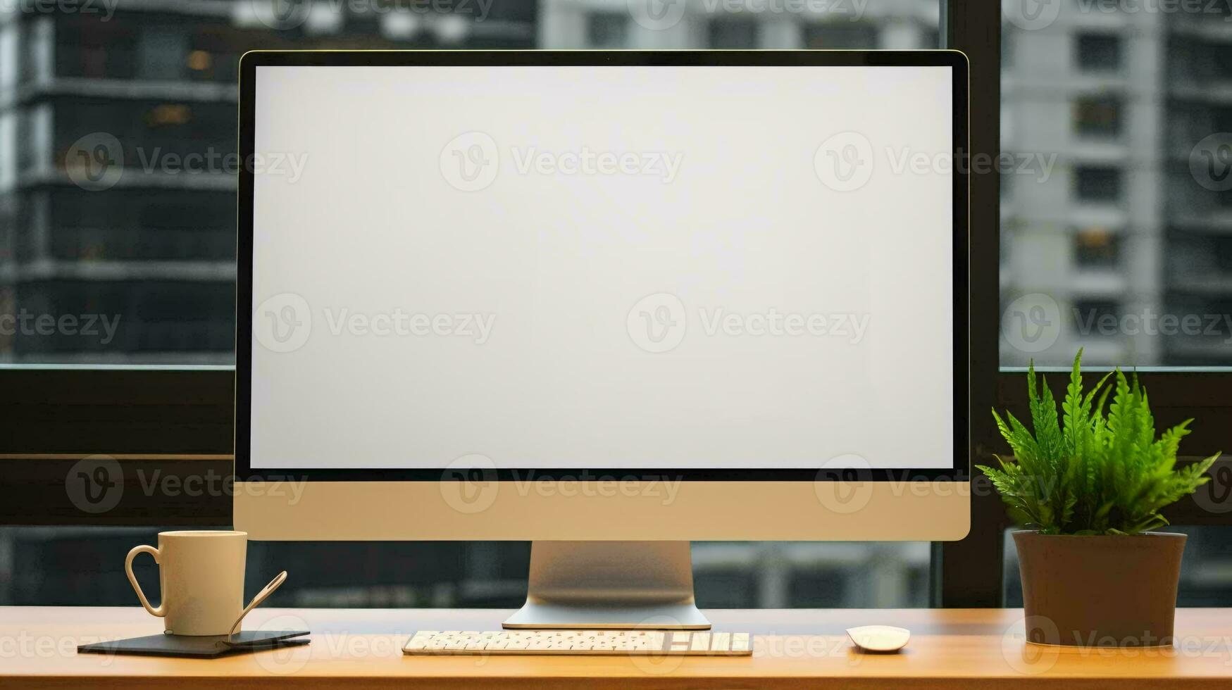 un computadora pantalla con un planta y un taza en un mesa ai generado foto