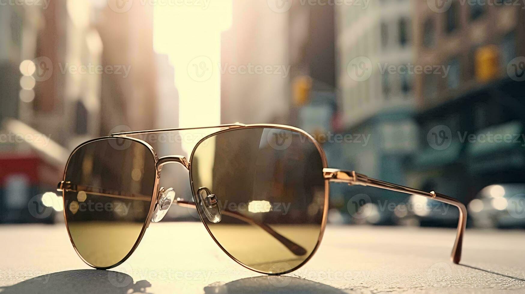 a pair of glasses on a street AI Generated photo