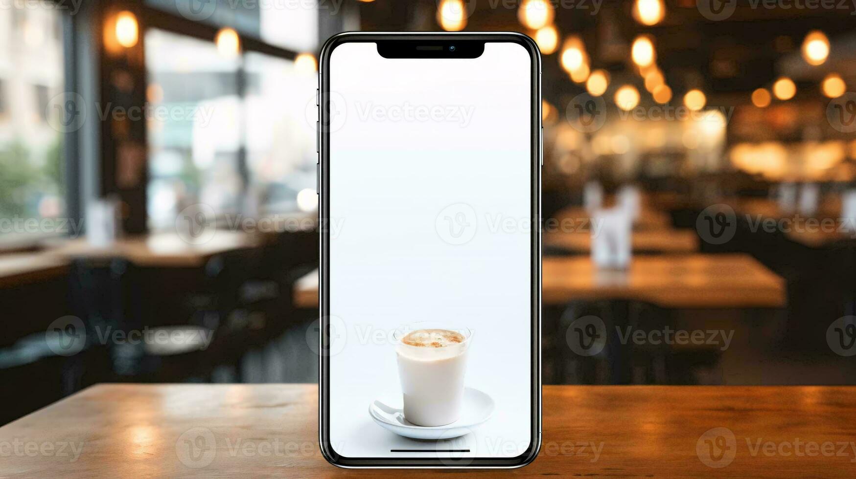 a white smartphone with a cup of coffee on a table AI Generated photo