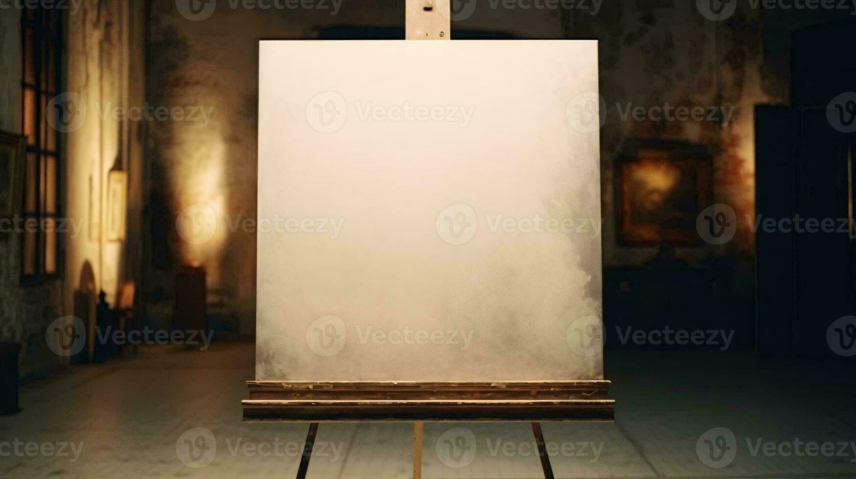 a white rectangular object with a wooden frame in a room with a wood bench AI Generated photo