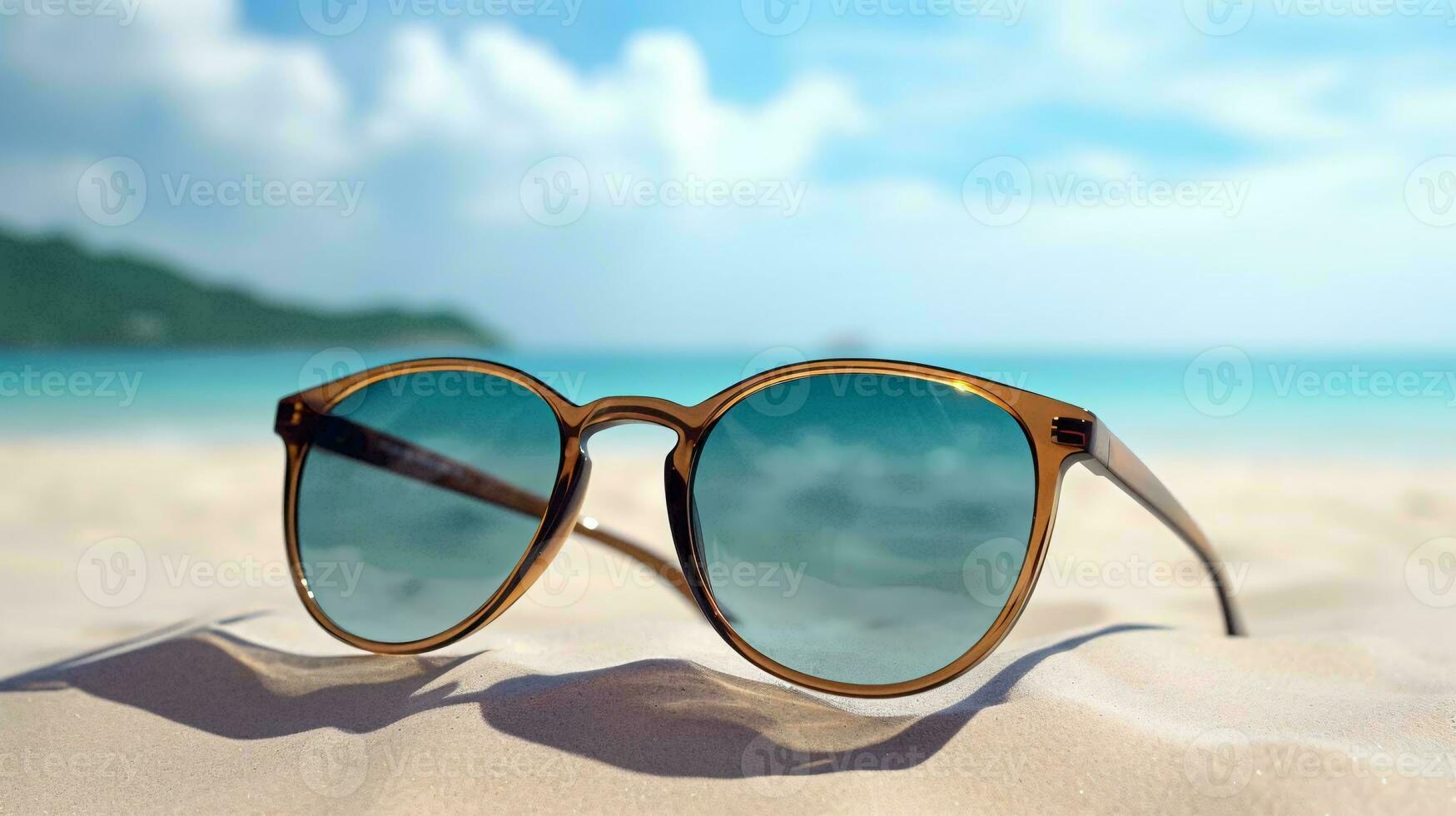 a pair of sunglasses on a beach AI Generated photo