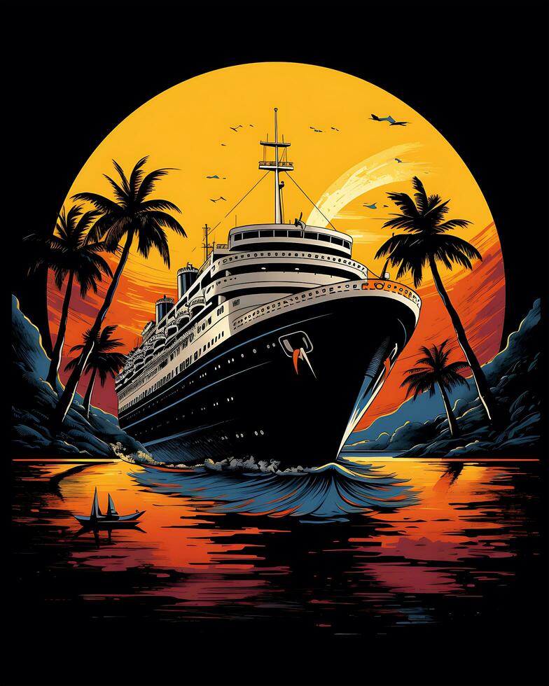 This is a view of a vintage sunset and a cruise ship design in front of it photo