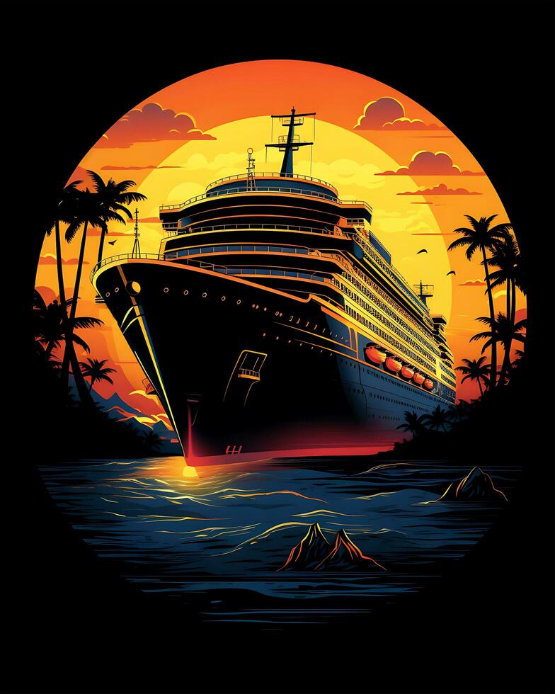 This is a view of a vintage sunset and a cruise ship design in front of it photo