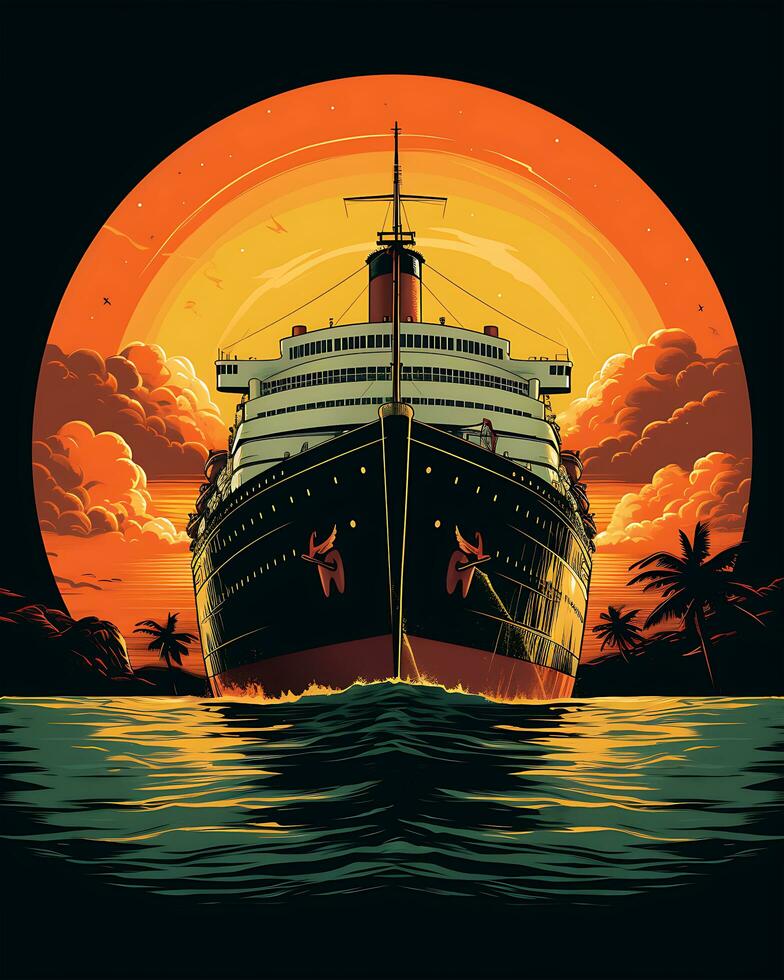 This is a view of a vintage sunset and a cruise ship design in front of it photo