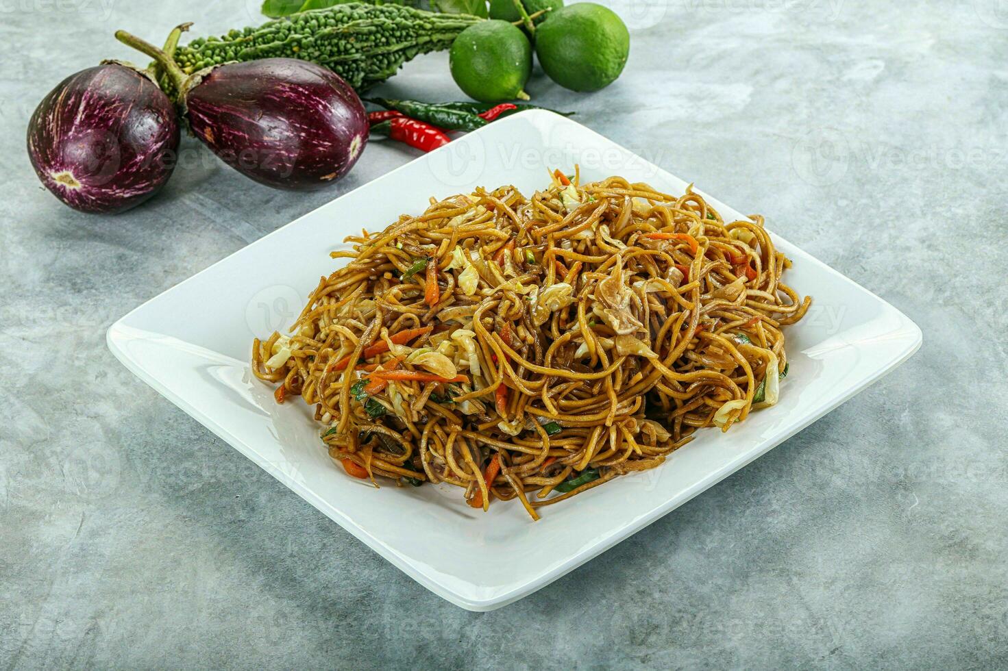 Stir fried noodles with vegetables photo