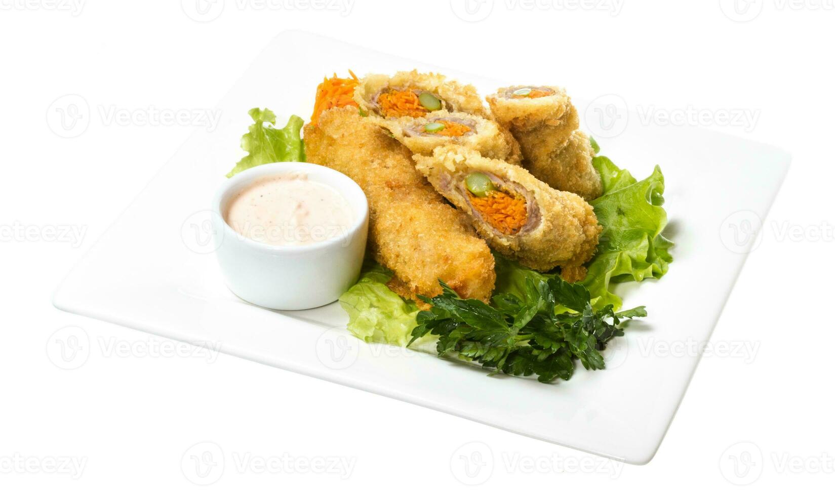 Japanese style pork cutlet with carrot and asparagus photo