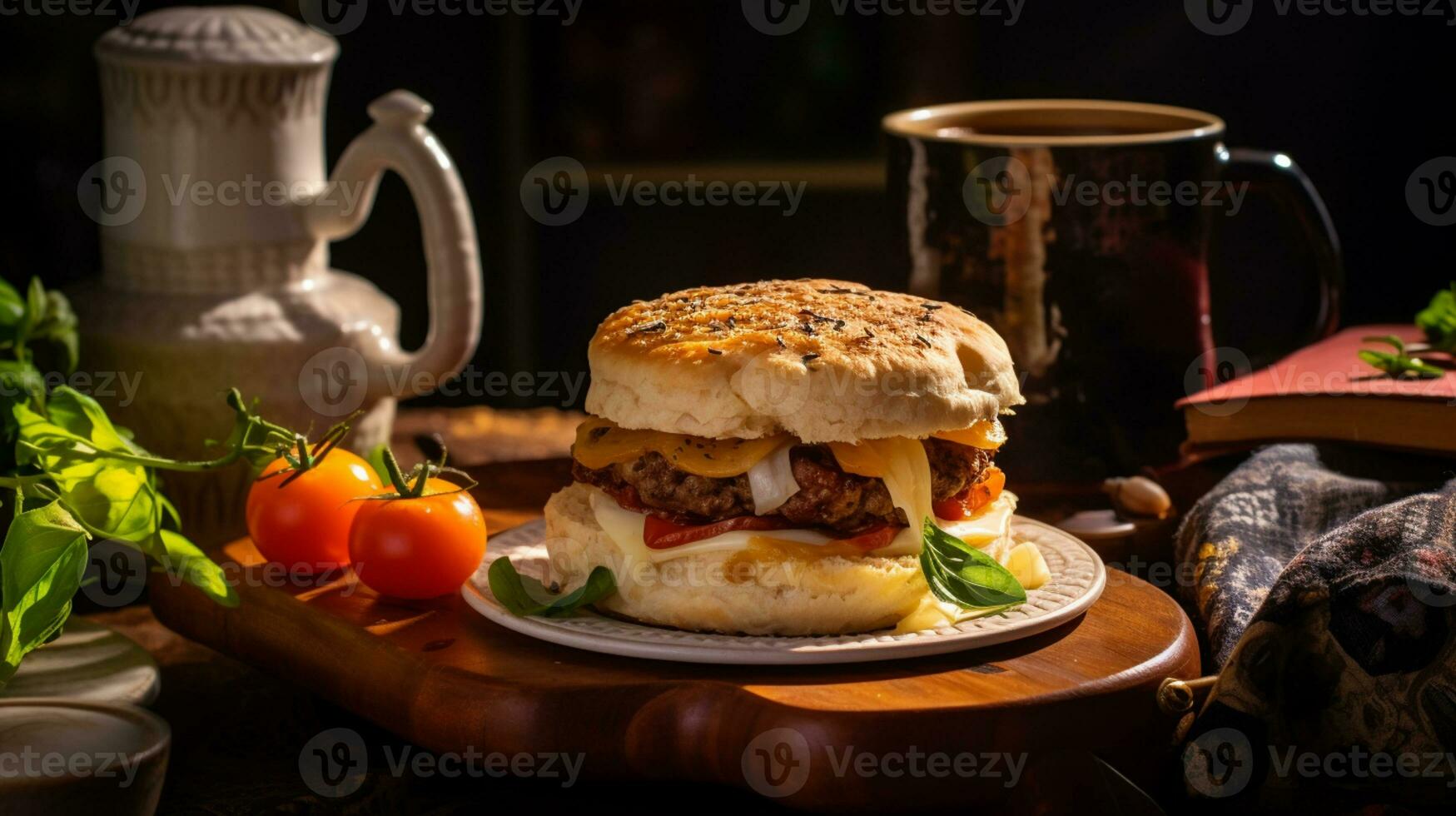 AI Generative of an English muffin pizza burger, a juicy beef patty, smothered in tomato sauce and melted cheese, sandwiched between toasted muffin halves, a savory, cheesy delight. photo