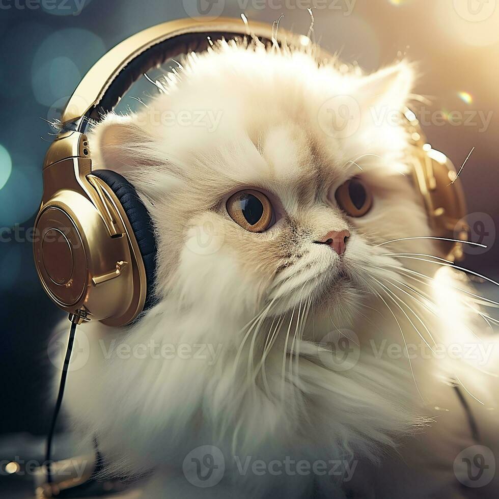 AI Generative of a cat wearing headphones. Its furry ears snugly fit under the headphones, suggesting it's enjoying some music or perhaps just adding a touch of whimsy to its feline charm photo
