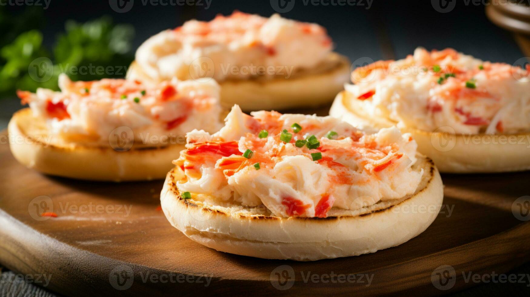 AI Generative of a crab melts English muffin features succulent crabmeat mixed with creamy cheese, toasted on a muffin, creating a mouthwatering seafood delicacy. photo