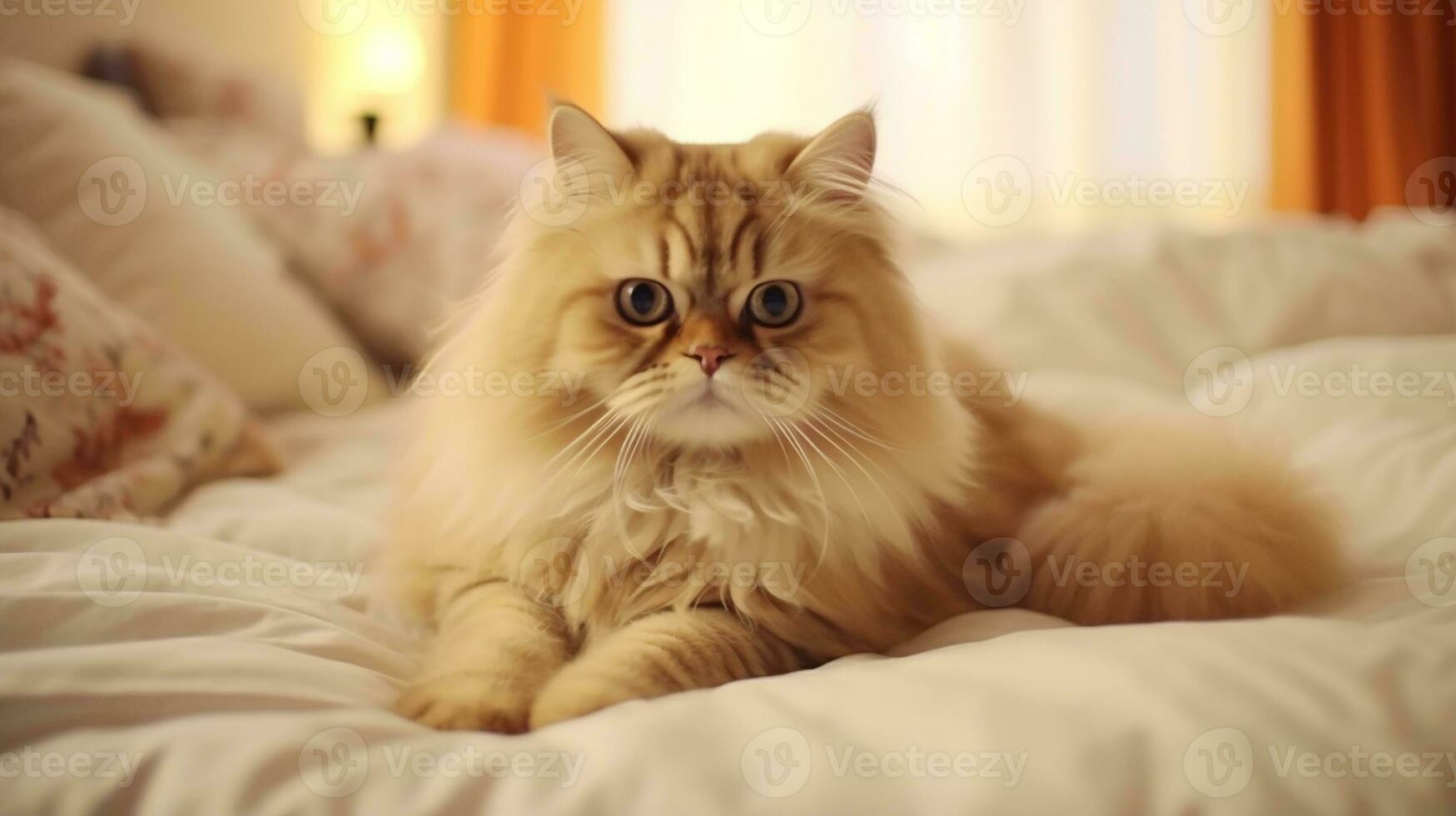 AI Generative of a Persian cat gracefully rests on a soft bed, its luxurious fur flowing. With serene eyes and a content expression, it exudes elegance and relaxation, blending with the surroundings. photo