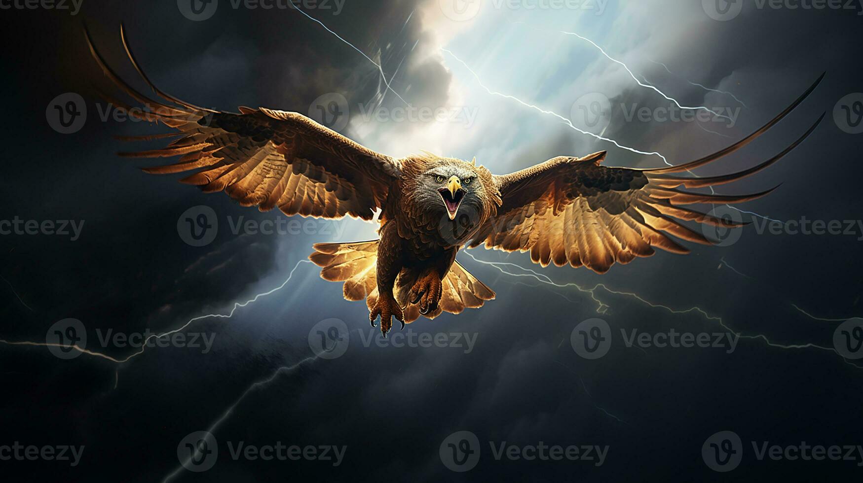 AI Generative of the hawk is a bird with sharp talons and a keen gaze. Its feathers vary in color, often brown or gray, and it has a curved beak for hunting. Its wings are wide for soaring. photo