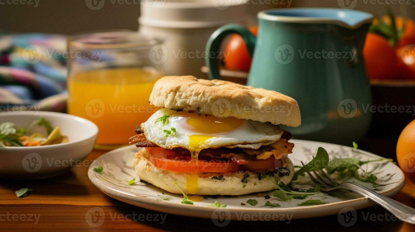 AI Generative of an English muffin breakfast sandwich is a delightful combo of fluffy eggs, crispy bacon or sausage, and gooey cheese, all nestled inside a toasted muffin. A perfect morning bite photo