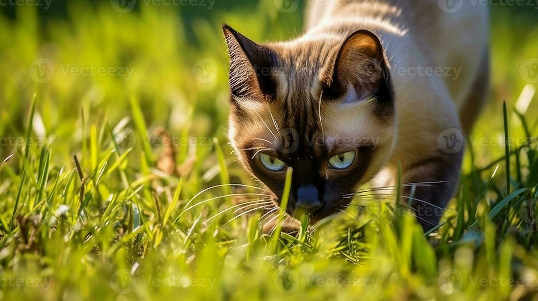 AI Generative of Siamese cat stealthily stalks through a tall grass field, its striking blue eyes focused on prey. Its slender body and pointed ears reveal a poised and determined hunter in the wild. photo