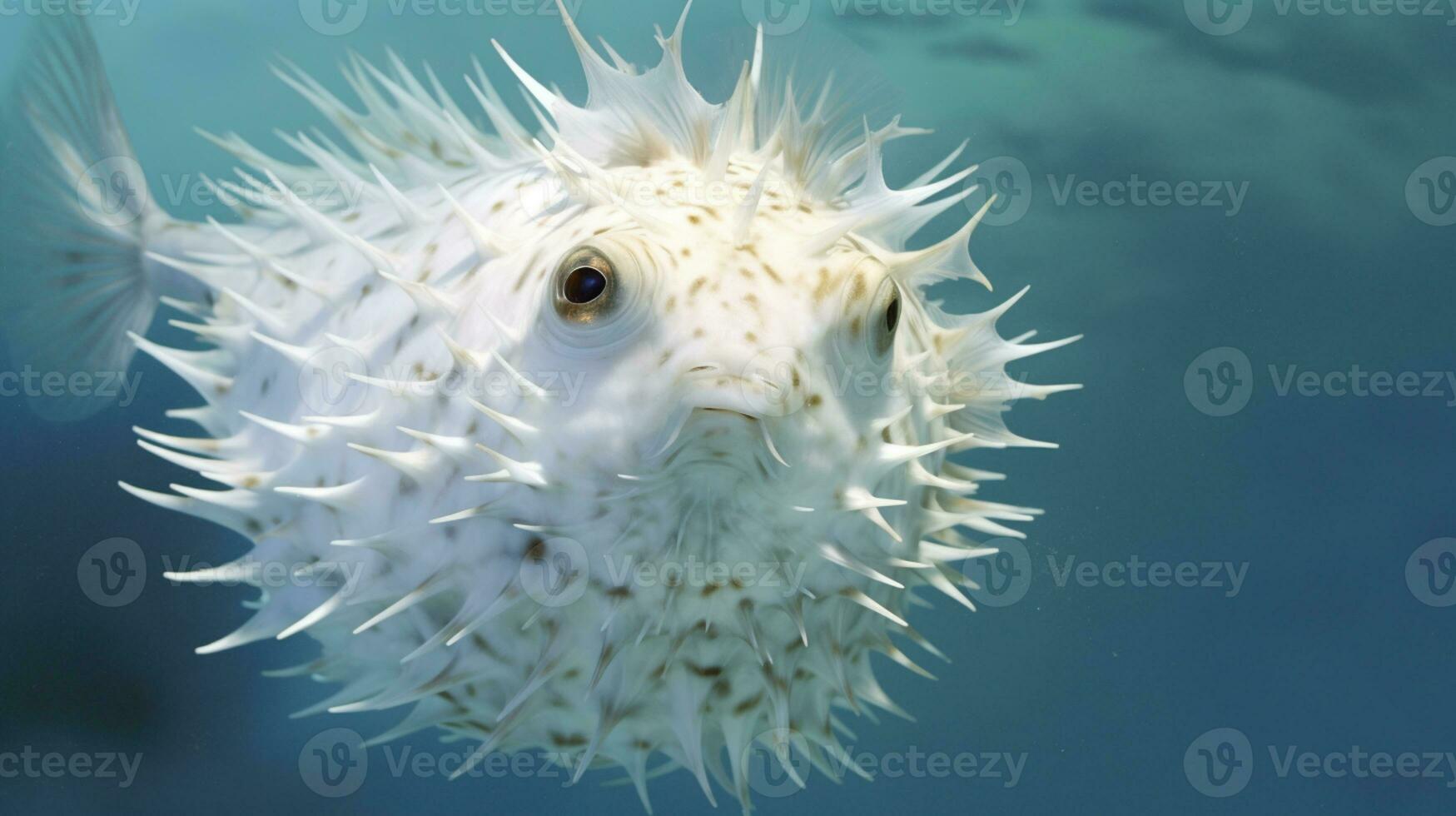 AI Generative of the pufferfish is a small, round fish with spiky, inflated skin. Its body is covered in tiny, sharp spines, and it has large, expressive eyes. photo