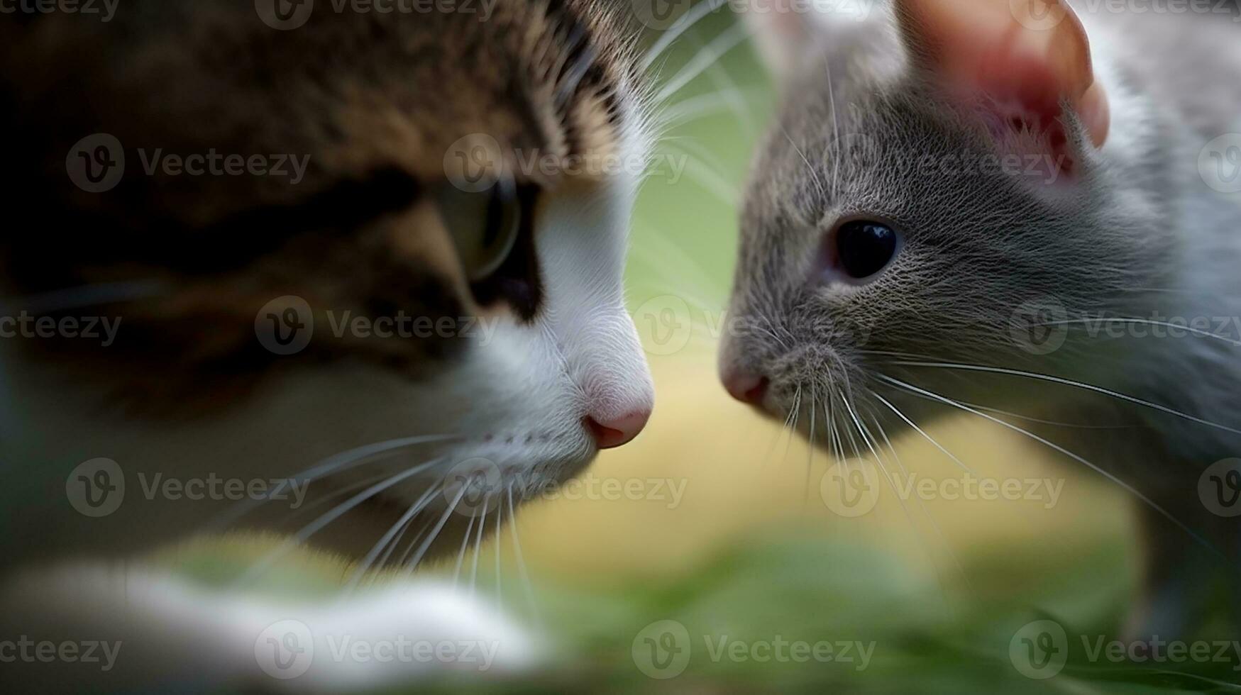 AI Generative of a curious cat engages in a tense staring contest with a fearless mouse. Their eyes lock in a moment of suspense, capturing the classic cat-and-mouse intrigue. photo