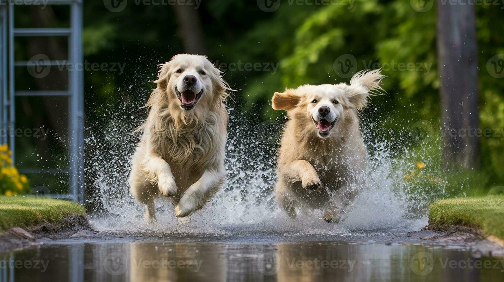 AI Generative of a couple of joyful wet dogs, splashing in water, eyes gleaming with happiness, fur drenched and glistening under the sun, tails wagging in pure delight. photo