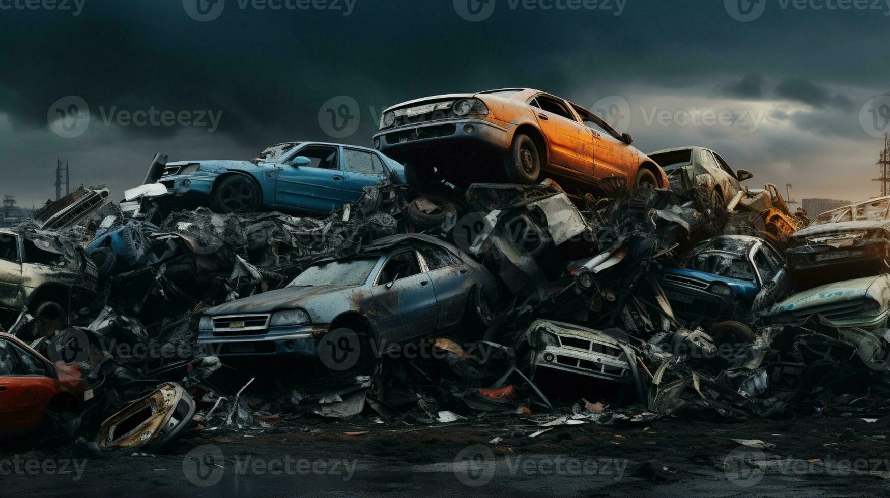 AI Generative of piled wrecked cars in a junkyard, twisted metal, shattered glass, rusted frames, a graveyard of automotive history. photo
