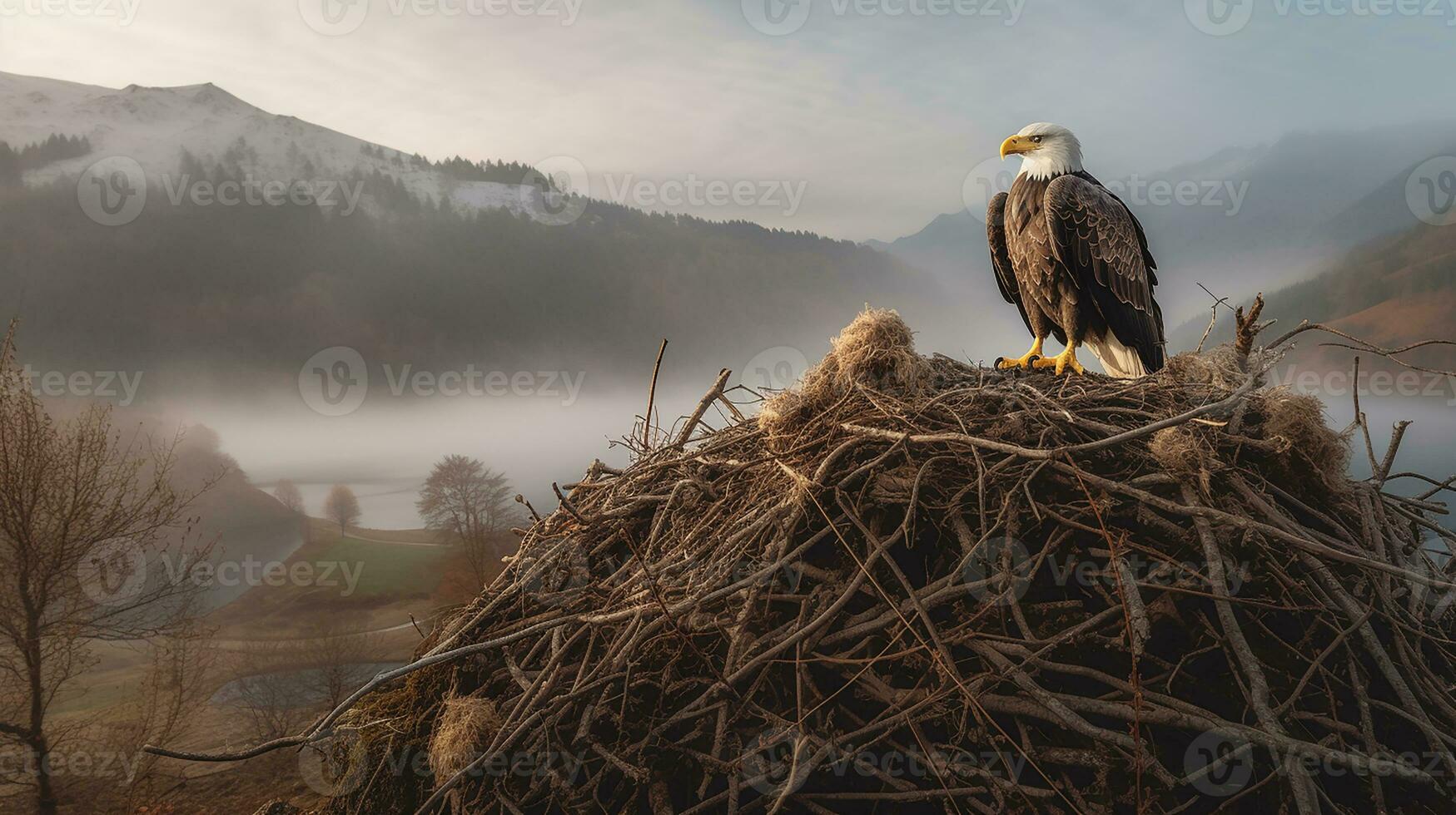 AI Generative of majestic eagle perched high, watching over her fluffy chicks nestled in a sturdy nest, mountains in the backdrop, a picture of parental care. photo