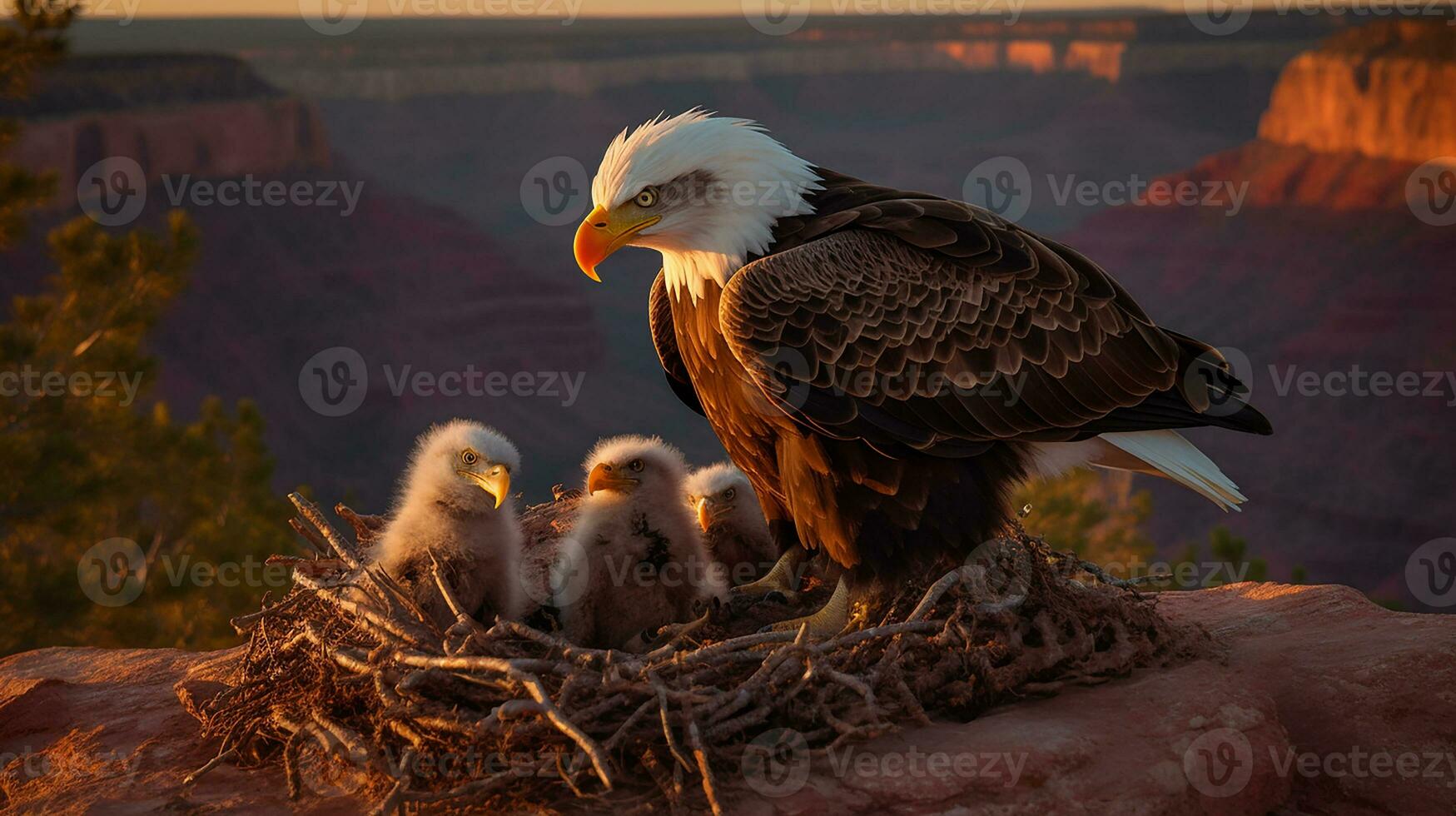 AI Generative of majestic eagle perched high, watching over her fluffy chicks nestled in a sturdy nest, mountains in the backdrop, a picture of parental care. photo