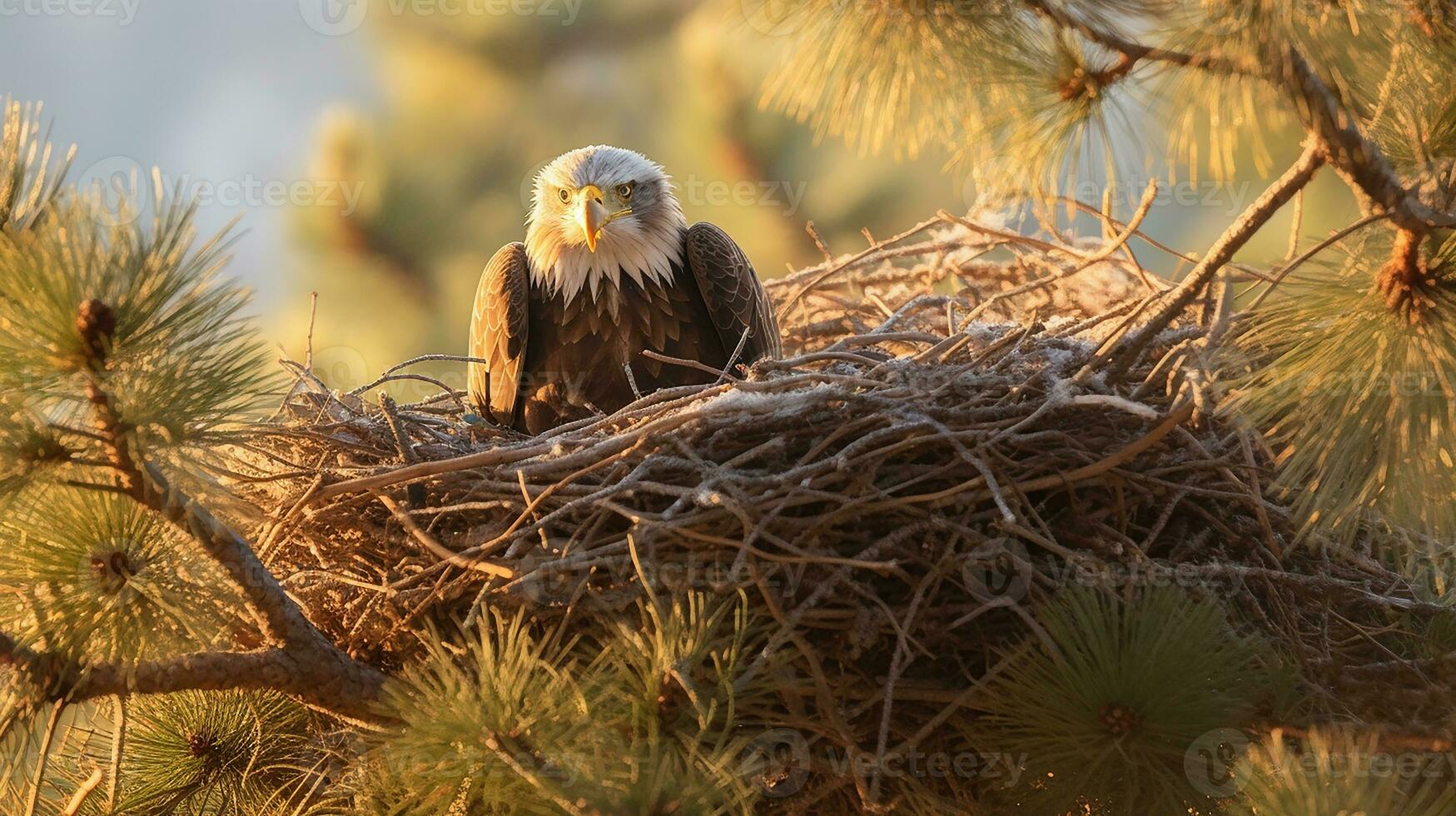 AI Generative of majestic eagle perched high, watching over her fluffy chicks nestled in a sturdy nest, mountains in the backdrop, a picture of parental care. photo