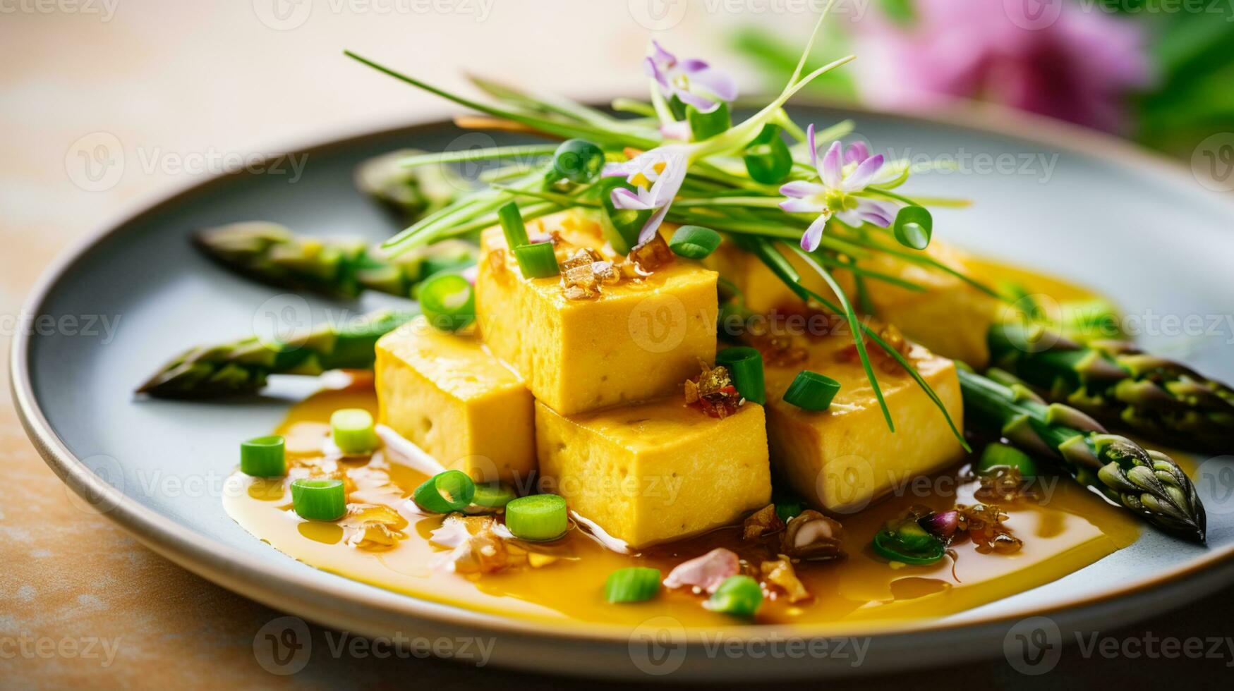 AI Generative of Miso polenta with spring vegetables, asparagus, and tofu, flavorful plant-based masterpiece. photo