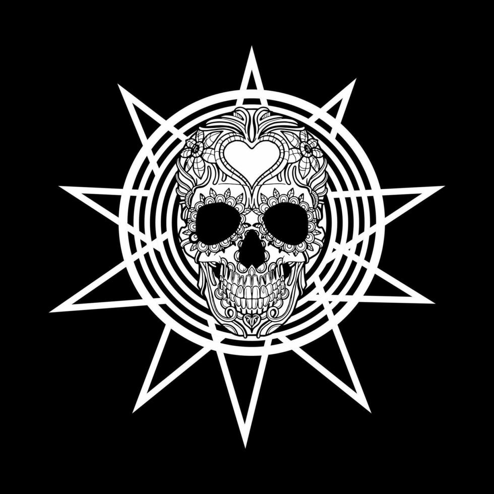 BLACK AND WHITE SKULL VECTOR WITH SATANIC TRIANGLE