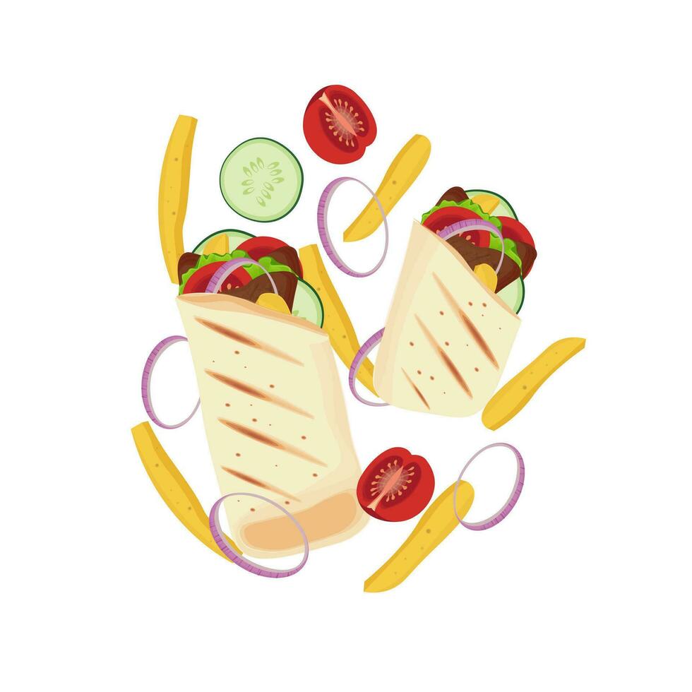 ilustración logo pollo shawarma levitación con vegetales y francés papas fritas vector