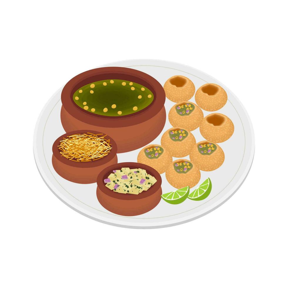 Logo Illustration line art of Pani Puri Or Golgappa on a plate with additional side dishes vector