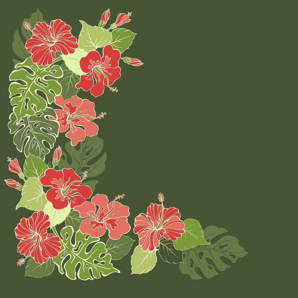 Botanical corner pattern with tropical plants. Leaves and flowers. Vector. vector