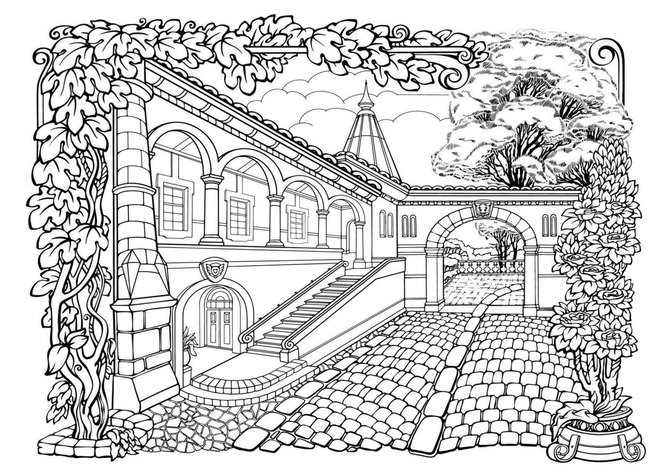 Romantic old town. Coloring Pages. Anti-stress colouring book. Vector. vector
