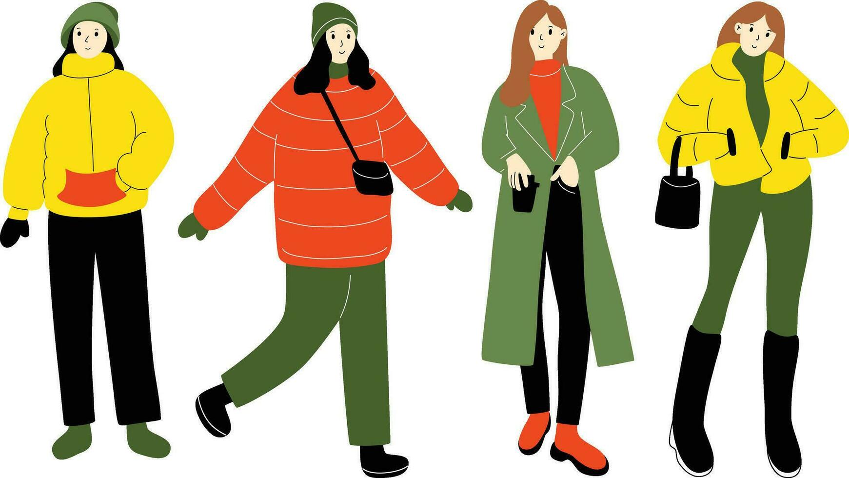 diverso grupo de moderno mujer vistiendo de moda invierno ropa. casual elegante ciudad calle estilo Moda trajes mano dibujado caracteres vistoso vector ilustración.