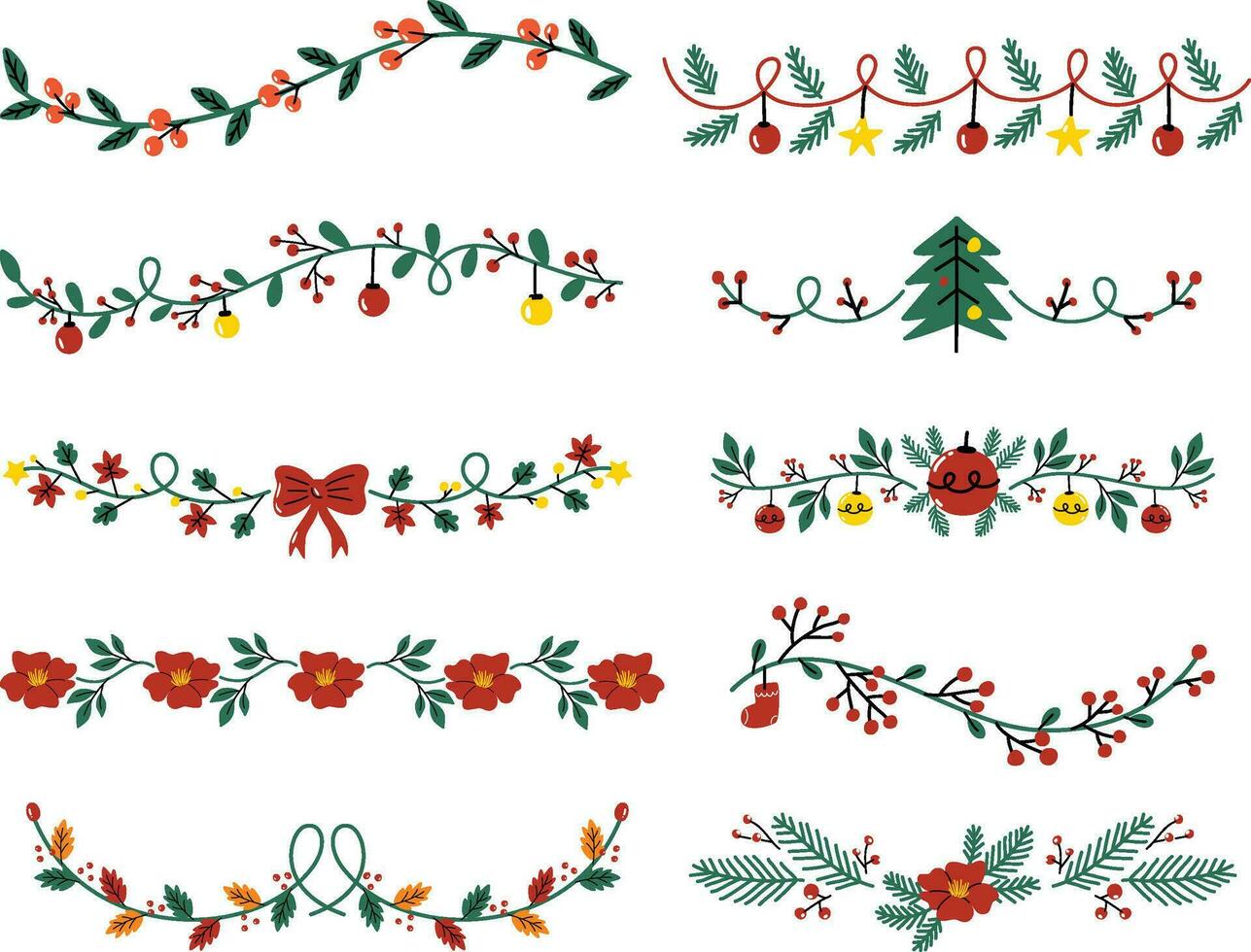 decorativo floral Navidad divisores y fronteras con muérdago hojas, abeto ramas y leña menuda vector